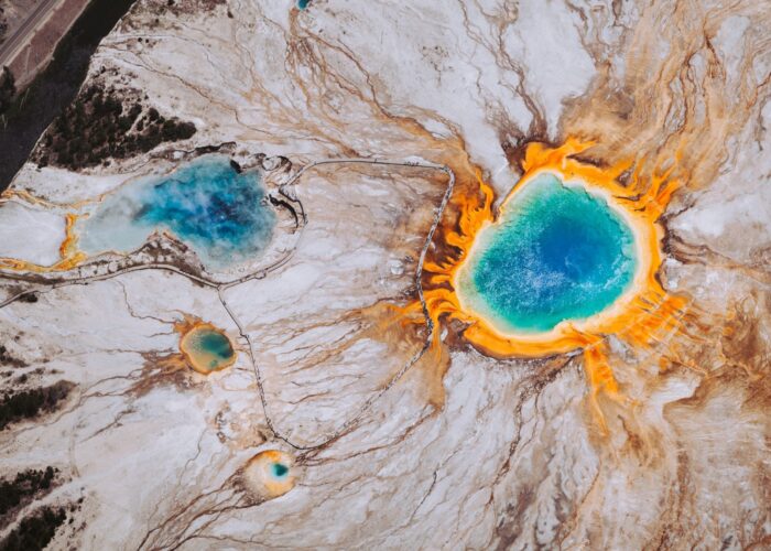 An aerial view of Yellowstone's hot springs in California.