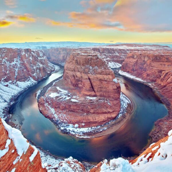 Photo of snowy landscape during a grand canyon winter hiking tour.