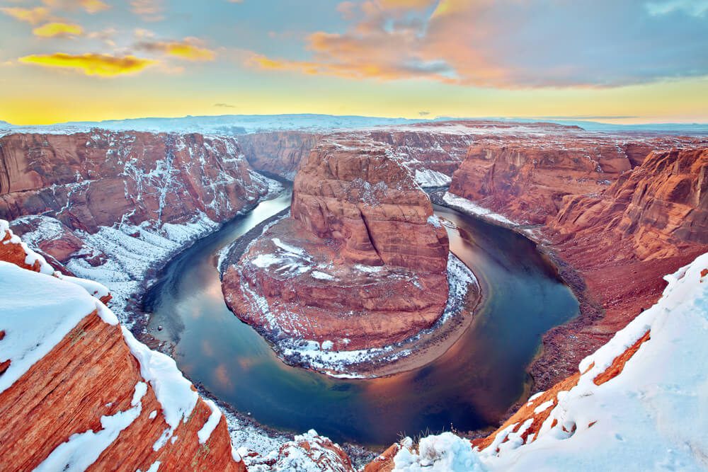 Photo of snowy landscape during a grand canyon winter hiking tour.