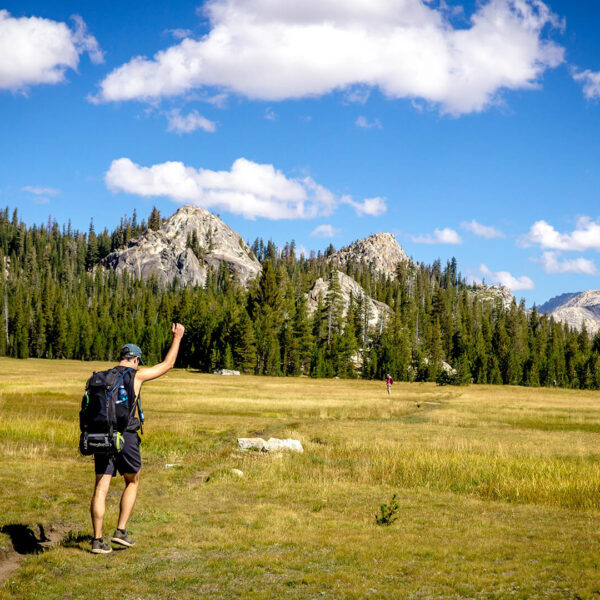 A man in a backpack is walking through a meadow with mountains in the background during a small group tour in California.