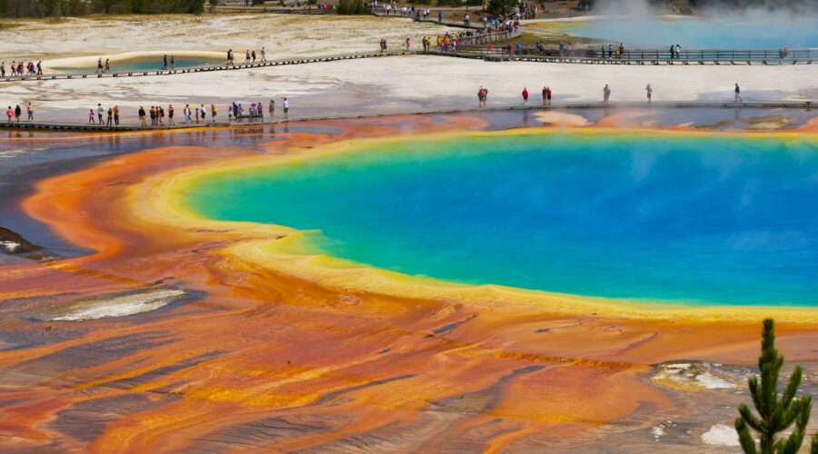 Tourists walking along the boardwalk near the vibrant, multicolored grand prismatic spring in Yellowstone National Park during their 7 Day Tour.