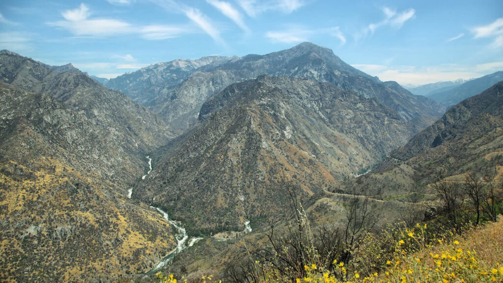 Scenic view of a rugged mountain range with a river cutting through the valley, dry vegetation on the slopes, and yellow flowers in the foreground under a clear blue sky.