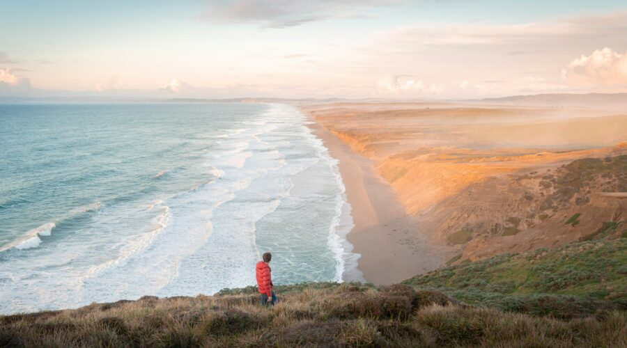 A person in a red jacket stands on a cliff overlooking a wide sandy beach with waves, reminiscent of the serene beauty found on a Muir Woods and Sausalito tour. The landscape is bathed in soft light under a partly cloudy sky.