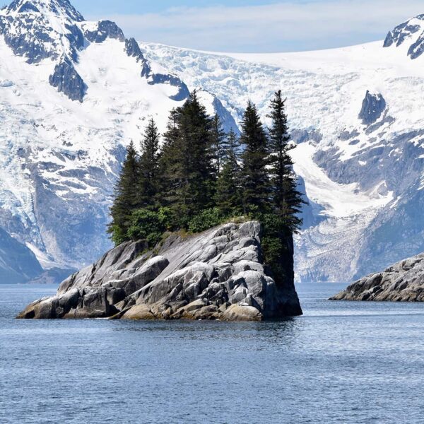 A small rocky island covered with trees is surrounded by water, with snow-capped mountains in the background under a clear sky.