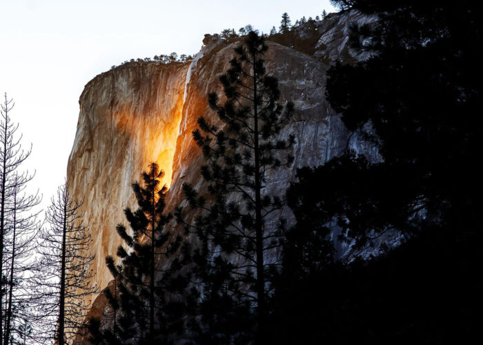 A rocky cliff is illuminated by sunlight, creating a glowing effect reminiscent of the 2025 Yosemite Firefall, while a cascade streams gracefully on the left side, surrounded by silhouetted trees.