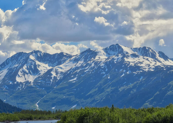 Snow-capped mountains under a cloudy sky, with green foliage and a river in the foreground, capture the essence of an Alaska road trip from Anchorage to Seward.