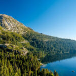 Nestled within Yosemite's grandeur, a clear blue lake reflects the bright sky, bordered by dense green forests and rugged mountains—a perfect nature getaway.