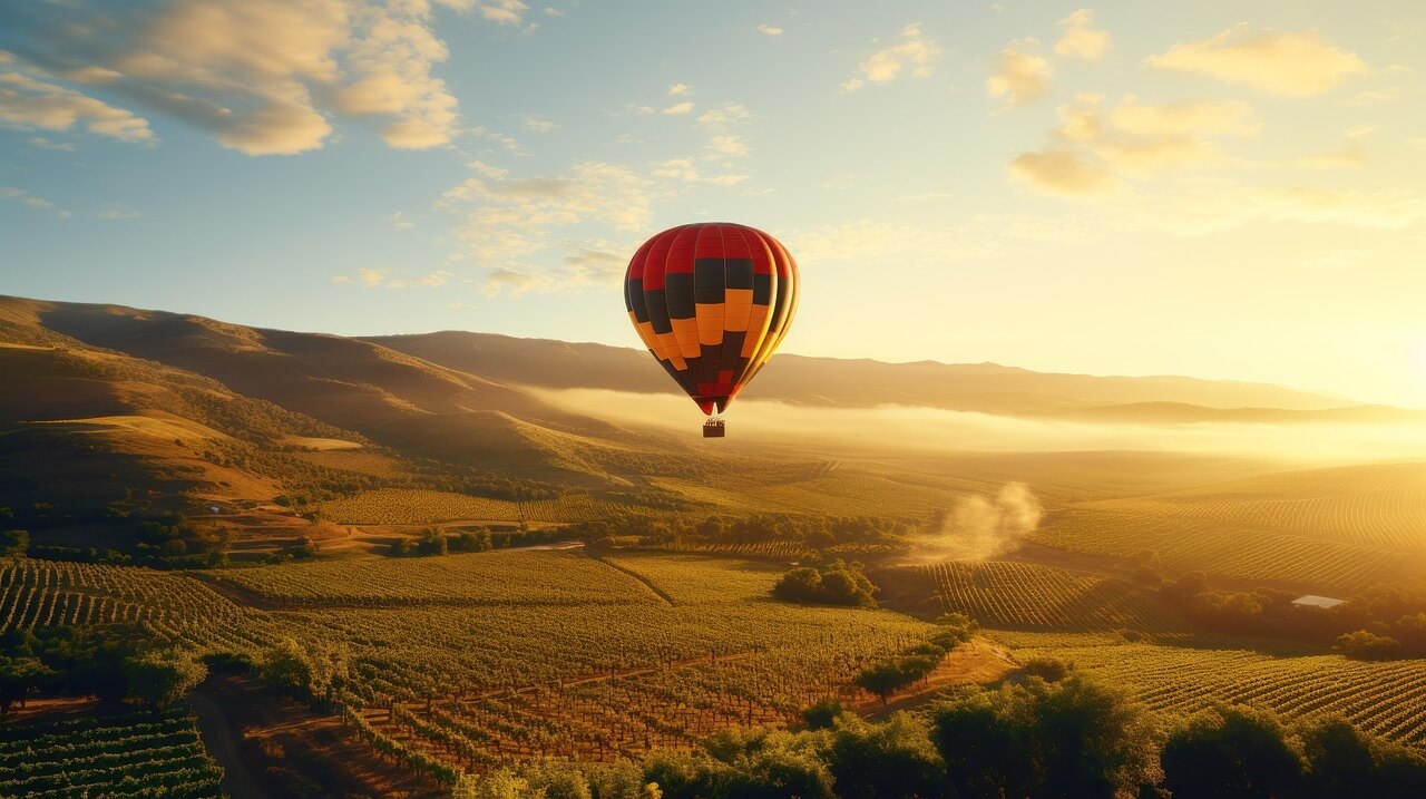 A hot air balloon with red, yellow, and black stripes floats over a green vineyard landscape in Napa Valley during sunrise, with mountains and a clear sky in the background.