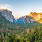 A scenic West Coast valley with dense green forests, tall cliffs, and distant waterfalls under a clear sky, viewed at sunset or sunrise—a perfect National Park escape for your travel style.